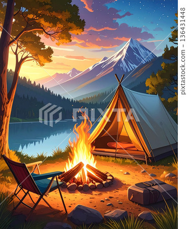A forest illuminated by the setting sun and a bonfire. A soothing landscape with camp chairs. 136431448