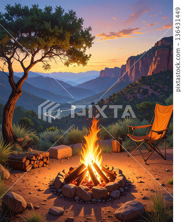 A forest illuminated by the setting sun and a bonfire. A soothing landscape with camp chairs. 136431449