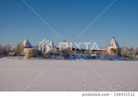 On a frosty and sunny winter day in Staraya Ladoga, 136431512