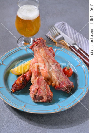 Pork spare ribs and oven-baked pork belly with bone. 136431567
