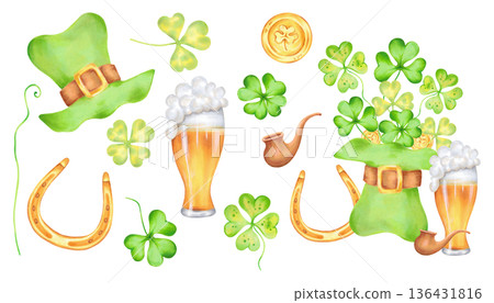 Collection of a clover leaf with a gold coin, horseshoe, top hat, glass of beer and pipe for St. Patrick's Day. Watercolor illustrations. Hand drawn. Sketch of good luck, profit and success, symbol Collection of a clover leaf with a gold coin, horseshoe, top hat, glass of beer and pipe for St. Patrick's Day. Watercolor illustrations. Hand drawn. Sketch of good luck, profit and success, symbol 136431816