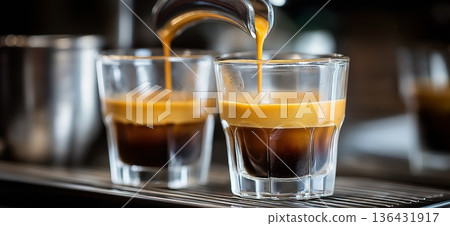 Espresso machine pouring hot coffee into glass cups. Espresso machine pouring fresh coffee with rich crema into two small glass cups 136431917