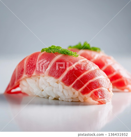 Fresh tuna nigiri sushi serving with green onion. Three pieces of fresh tuna nigiri sushi on a minimal white background 136431932