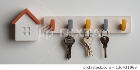 Key hooks displaying real estate ownership concepts. Colorful house-shaped key hooks with keys hanging on a white wall Key hooks displaying real estate ownership concepts. Colorful house-shaped key hooks with keys hanging on a white wall 136431969