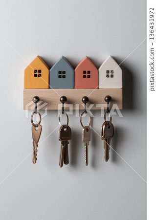 Key hooks displaying real estate ownership concepts. Colorful house-shaped key hooks with keys hanging on a white wall 136431972