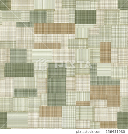 Patchwork geometric pattern creating a seamless textured background. Seamless collage of muted sage and khaki rectangular shapes with woven fabric texture Patchwork geometric pattern creating a seamless textured background. Seamless collage of muted sage and khaki rectangular shapes with woven fabric texture 136431980