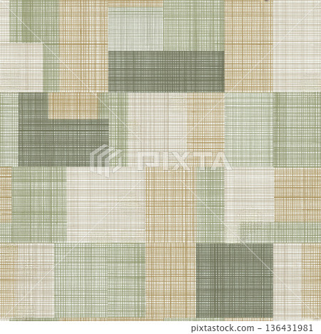 Patchwork geometric pattern creating a seamless textured background. Seamless collage of muted sage and khaki rectangular shapes with woven fabric texture Patchwork geometric pattern creating a seamless textured background. Seamless collage of muted sage and khaki rectangular shapes with woven fabric texture 136431981