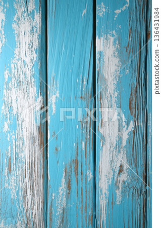 Rustic sky-blue wooden planks with distressed paint texture. Weathered sky-blue wooden planks showing distressed white and brown paint texture 136431984