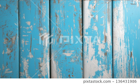 Rustic sky-blue wooden planks with distressed paint texture. Weathered sky-blue wooden planks showing distressed white and brown paint texture 136431986