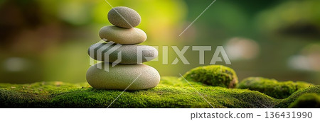 Stacked river stones balancing on moss creating zen harmony. Smooth river stones balancing on moss near water, symbolizing zen, peace, and meditation 136431990
