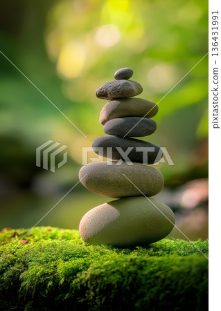 Stacked river stones balancing on moss creating zen harmony. Smooth river stones balancing on moss near water, symbolizing zen, peace, and meditation 136431991