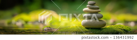 Stacked river stones balancing on moss creating zen harmony. Smooth river stones balancing on moss near water, symbolizing zen, peace, and meditation 136431992