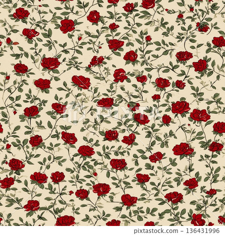 Ottoman inspired vintage floral pattern with repeating red roses. Hand-painted vintage floral pattern showing red roses and green leaves on a cream background Ottoman inspired vintage floral pattern with repeating red roses. Hand-painted vintage floral pattern showing red roses and green leaves on a cream background 136431996