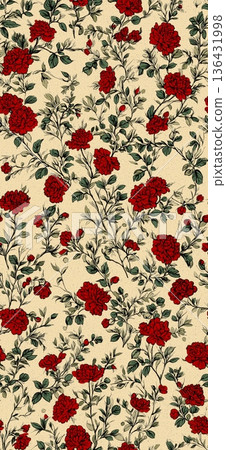Ottoman inspired vintage floral pattern with repeating red roses. Hand-painted vintage floral pattern showing red roses and green leaves on a cream background Ottoman inspired vintage floral pattern with repeating red roses. Hand-painted vintage floral pattern showing red roses and green leaves on a cream background 136431998