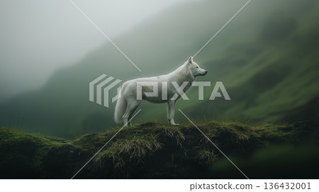 White wolf standing on mossy ridge watching in fog. White wolf standing still on a mossy cliff edge overlooking a foggy, natural environment 136432001