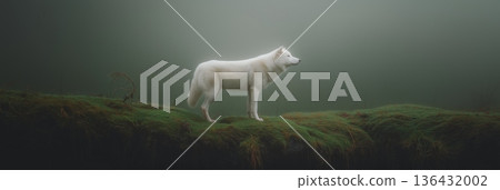 White wolf standing on mossy ridge watching in fog. White wolf standing still on a mossy cliff edge overlooking a foggy, natural environment White wolf standing on mossy ridge watching in fog. White wolf standing still on a mossy cliff edge overlooking a foggy, natural environment 136432002