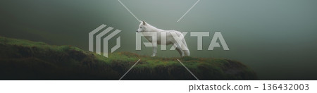 White wolf standing on mossy ridge watching in fog. White wolf standing still on a mossy cliff edge overlooking a foggy, natural environment 136432003