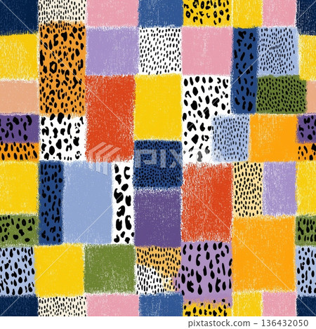 Abstract animal skin pattern with colorful blocks. Seamless collage pattern featuring diverse animal print textures and abstract color blocks 136432050