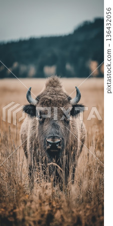 American bison standing in field looking forward. American bison standing in dry grass field, wildlife habitat concept American bison standing in field looking forward. American bison standing in dry grass field, wildlife habitat concept 136432056