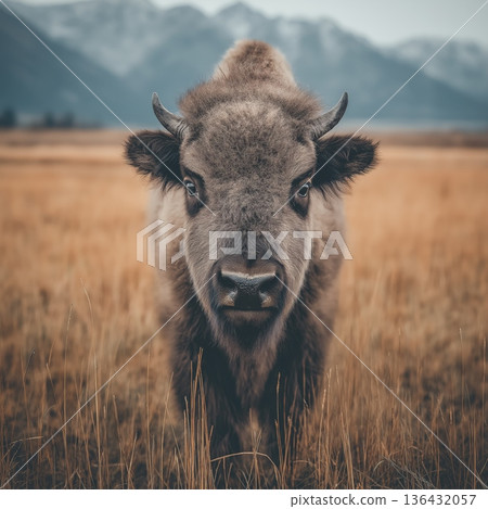 American bison standing in field looking forward. American bison standing in dry grass field, wildlife habitat concept American bison standing in field looking forward. American bison standing in dry grass field, wildlife habitat concept 136432057
