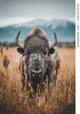 American bison standing in field looking forward. American bison standing in dry grass field, wildlife habitat concept 136432058