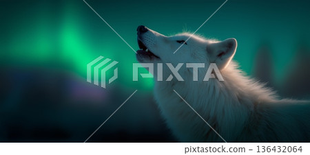 Arctic wolf howling under vibrant aurora borealis. White arctic wolf howling, breath visible against the dramatic green northern lights 136432064