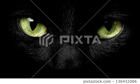 Black cat glowing green eyes staring from darkness. Black cat eyes glowing green from darkness, symbolizing mystery and vigilance Black cat glowing green eyes staring from darkness. Black cat eyes glowing green from darkness, symbolizing mystery and vigilance 136432066
