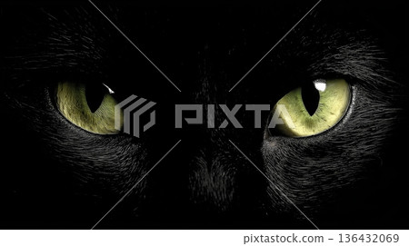 Black cat glowing green eyes staring from darkness. Black cat eyes glowing green from darkness, symbolizing mystery and vigilance Black cat glowing green eyes staring from darkness. Black cat eyes glowing green from darkness, symbolizing mystery and vigilance 136432069