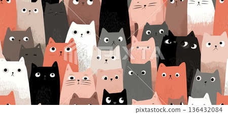 Cute cat pattern creating seamless animal background texture. Many cute cats with different expressions forming a seamless animal pattern Cute cat pattern creating seamless animal background texture. Many cute cats with different expressions forming a seamless animal pattern 136432084