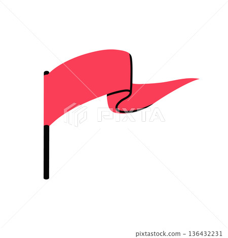 A bright red flag is waving on a pole. Simple graphic color illustration isolated on white background. 136432231
