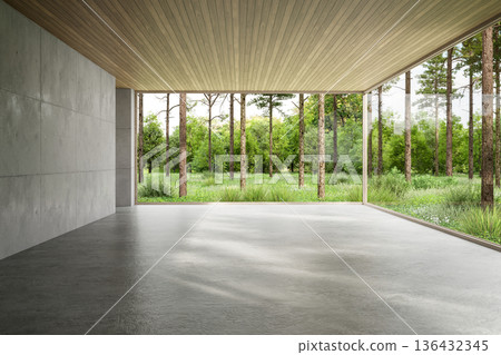 Modern loft empty room with nature view 3d render. Modern loft empty room with nature view 3d render. 136432345