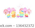 Spring watercolor illustration of a cute cat family enjoying cherry blossoms 136432372