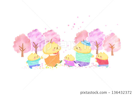 春日水彩插畫，描繪了一個可愛的貓咪在櫻花樹下賞花的場景。 136432372