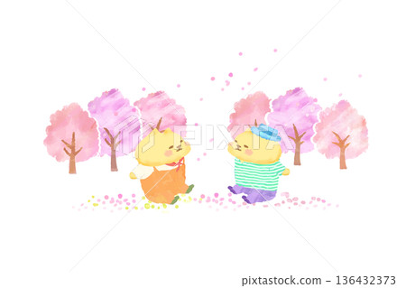 Spring watercolor illustration of a cute cat enjoying cherry blossoms 136432373