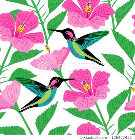 Vector seamless pattern with hummingbirds among hibiscus flowers Vector seamless pattern with hummingbirds among hibiscus flowers 136432432