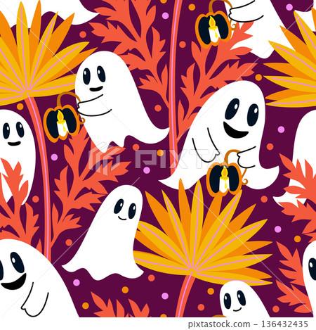 Vector seamless pattern with ghosts in a night garden with candles in pumpkins 136432435
