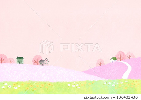 A warm cityscape with cherry blossoms and flowers blooming on a pink background 136432436