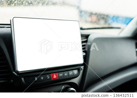 Modern vehicle dashboard display screen with white mockup Modern vehicle dashboard display screen with white mockup 136432511