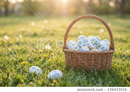Woven basket full of decorated white easter eggs on green grass in warm spring sunlight Woven basket full of decorated white easter eggs on green grass in warm spring sunlight 136433016