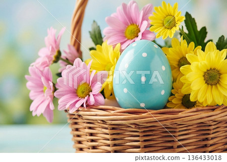 Blue polka dot easter egg in a wicker basket with pink and yellow flowers in a sunny garden setting Blue polka dot easter egg in a wicker basket with pink and yellow flowers in a sunny garden setting 136433018