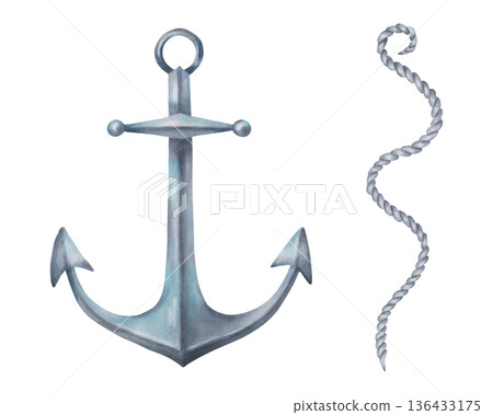 Underwater anchor with a rope. Watercolor illustration. Hand drawn isolated art. Marine design of ship and sail equipment. Vintage style clipart for printed materials and children's themes 136433175