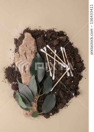 Eco-friendly cotton swabs biodegrading in rich soil with green plant Eco-friendly cotton swabs biodegrading in rich soil with green plant 136433411