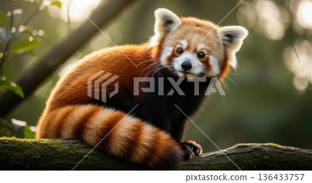 Red panda sitting on tree branch looking at camera 136433757