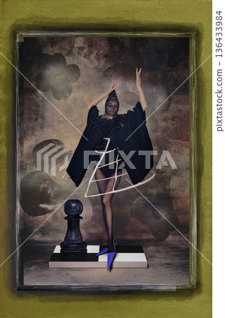 Woman in avantgarde costume standing on chessboard with oversized pawn. Woman in avantgarde costume standing on chessboard with oversized pawn. 136433984