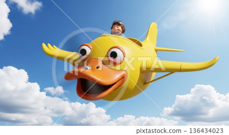 Yellow duck plane flying with pilot in blue sky Yellow duck plane flying with pilot in blue sky 136434023