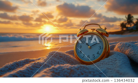 Golden alarm clock on a cozy blanket on a sandy beach at sunset, sea and waves in the background, concept of time, relaxation and summer vacation.	 136434032