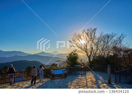 從東京八王子市高尾山(大見張公園)山頂眺望的傍晚景色(富士山、山脈、日落、遊客等) 從東京八王子市高尾山(大見張公園)山頂眺望的傍晚景色(富士山、山脈、日落、遊客等) 136434120
