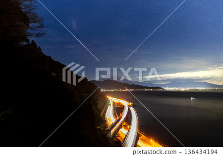 Starry sky, Tomei Expressway and Mt. Fuji seen from Sadatoge Pass Starry sky, Tomei Expressway and Mt. Fuji seen from Sadatoge Pass 136434194
