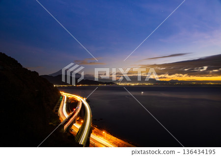 Tomei Expressway and Mt. Fuji at dawn as seen from Sattata Pass 136434195
