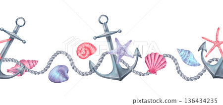 Seamless underwater border with anchors on rope, starfish and shells. Hand drawn watercolor illustration, isolated. Mediterranean style. A nautical frame for wallpaper, textiles and children themes 136434235